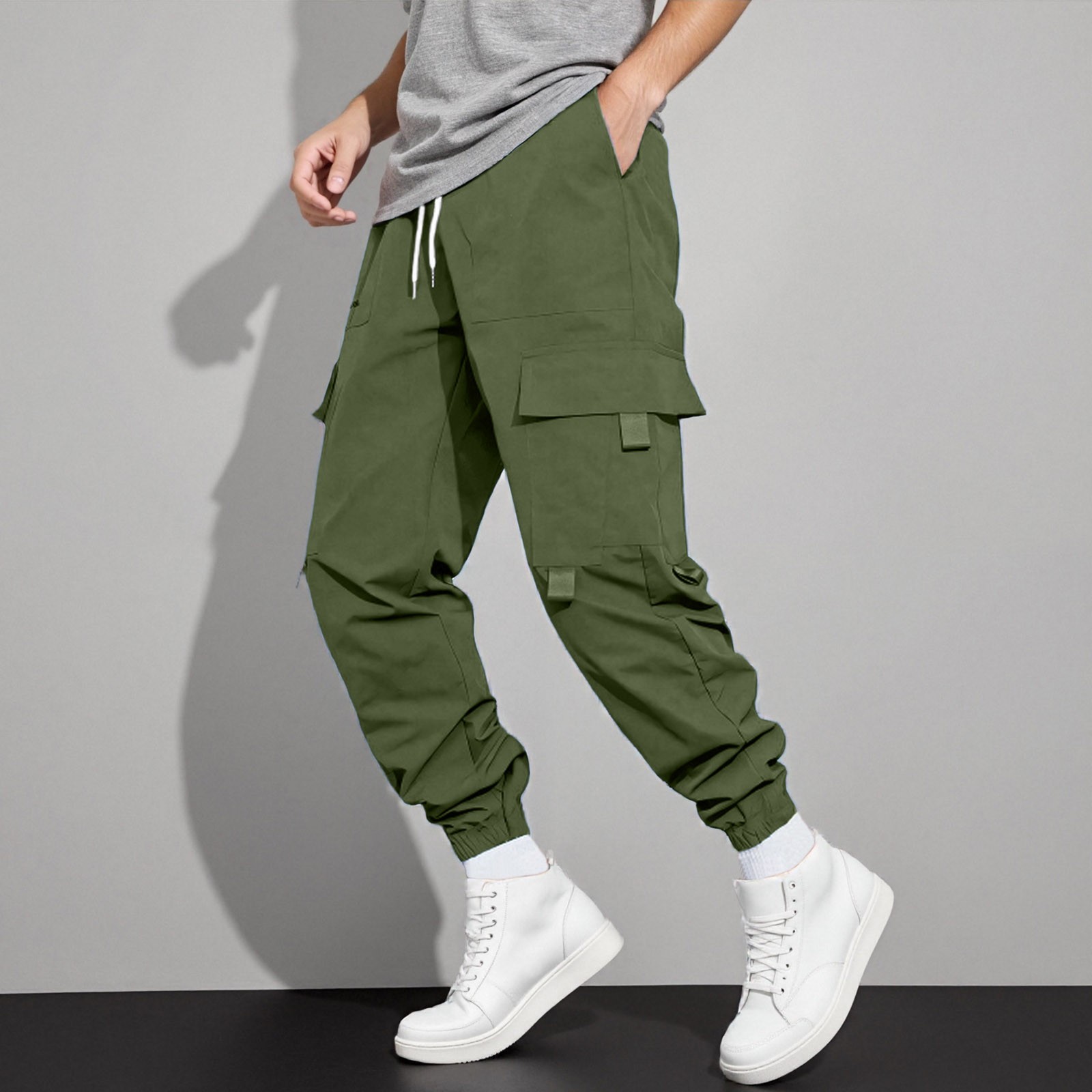 thumbnail image 2 of Pantalones cargo para hombre con cordón elástico en la cintura, pierna recta, bolsillos laterales y traseros, poliéster ligero, para uso informal/deportes al aire libre, tallas S-XXL, 2 of 5